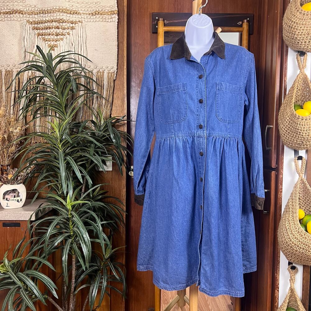 Vintage 90s Denim Prairie Dress 10 Corduroy Button Front Pockets Cottagecore